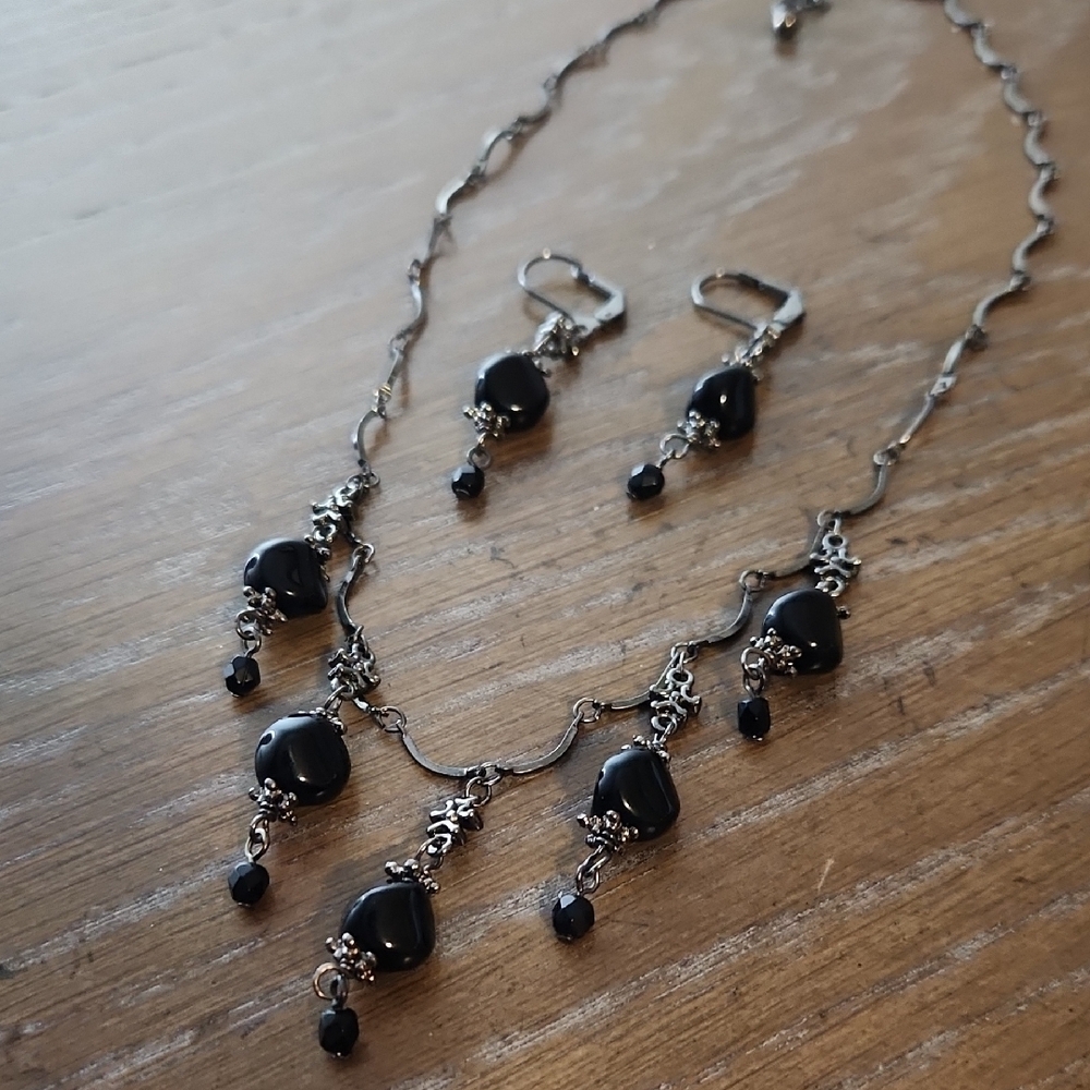 Vintage Inspired Black Bead Necklace and Earring Set